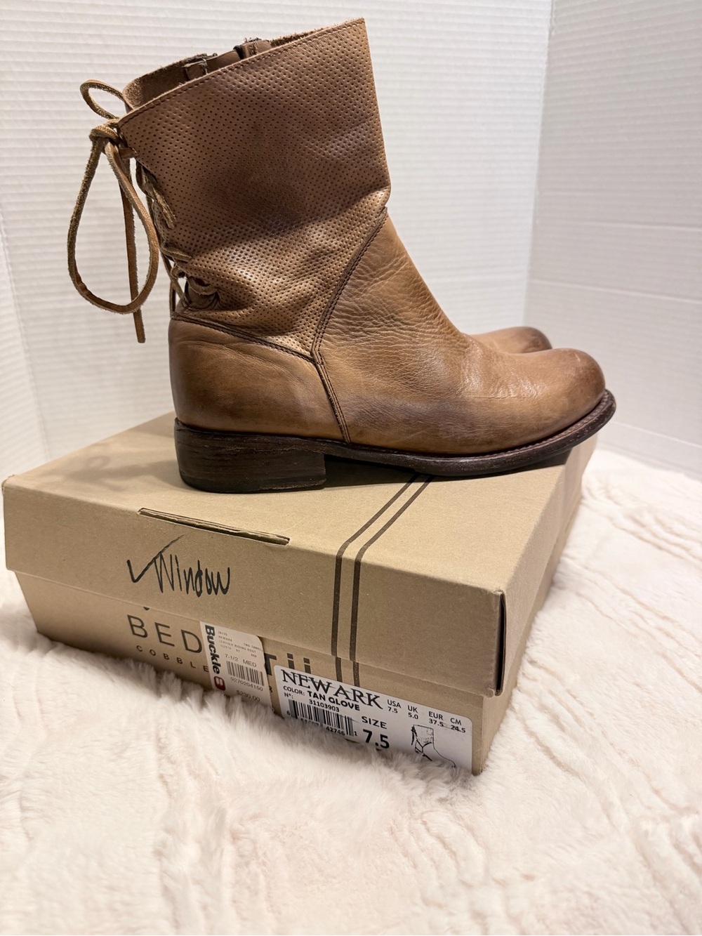 Bed Stu Tan Leather Perforated Cuff Lace-Back Ankle Boots